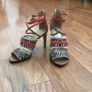 Cream, Black, Tan, and Orange Sandaled Heels